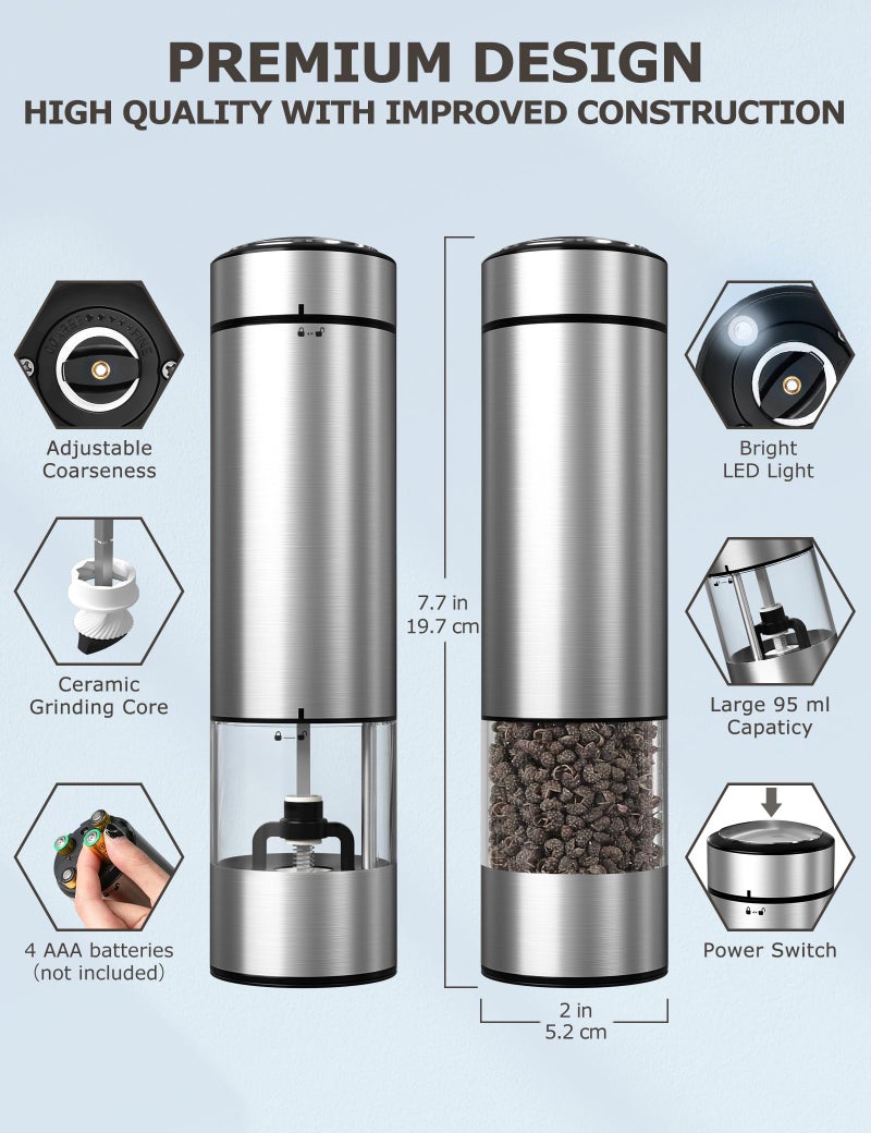 innhom Electric Salt and Pepper Grinder Set Battery Operated Stainless Steel Salt Grinder Pepper Mill Automatic Salt and Pepper Grinder Set with Adjustable Coarseness - Image 2